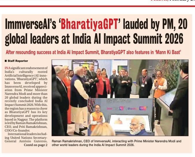 ImmverseAI BharatiyaGPT lauded by pm 20 global leaders at india ai impact summit 2026